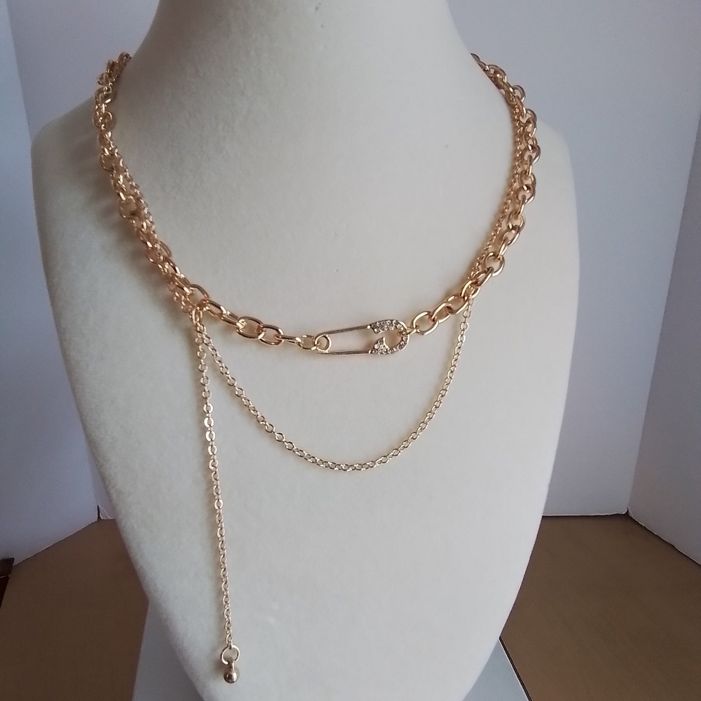 Gold Chain Safety Pin Choker Necklace